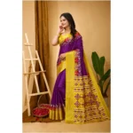 Generic Women's Soft Dola Cotton Kalamkari Printed Saree With Unstitched Blouse 5.5Mtr (Purple) - Image 4