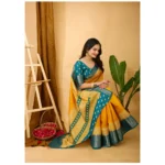Generic Women's Soft Dola Cotton Kalamkari Printed Saree With Unstitched Blouse 5.5Mtr (Yellow) - Image 2