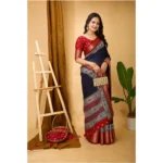 Generic Women's Soft Dola Cotton Kalamkari Printed Saree With Unstitched Blouse 5.5Mtr (Navy Blue) - Image 2