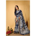 Generic Women's Soft Handloom Cotton Kalamkari Printed Saree With Unstitched Blouse 5.5Mtr (Blue) - Image 2