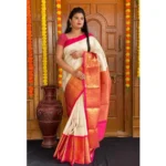 Generic Women's Soft Lichi Silk Printed Saree With Unstitched Blouse 5.5Mtr (Cream) - Image 2