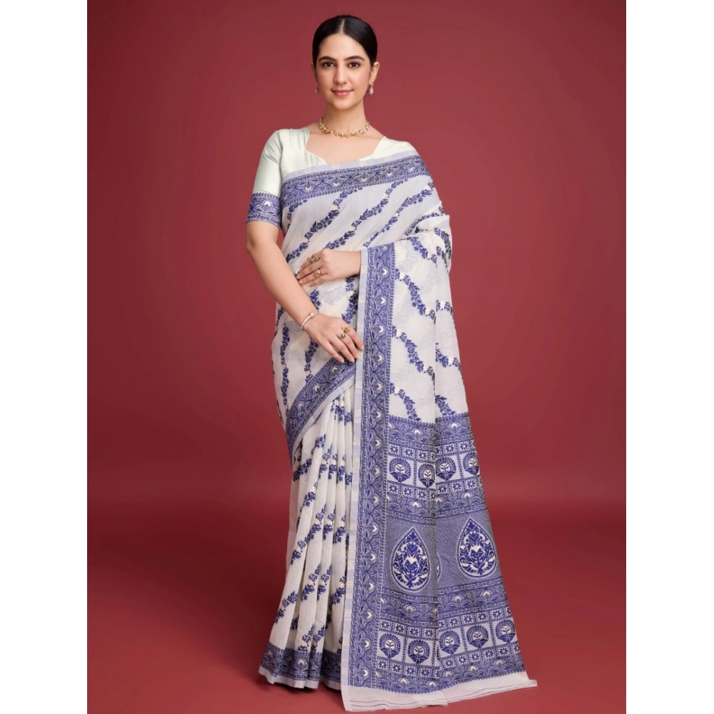 54523133520_bb7125116b_o_d-1000x1000-1.webp Generic Women's Jamdani Cotton Silk Printed Saree With Unstitched Blouse 5.5Mtr (Navy Blue) - Image 1
