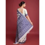 Generic Women's Jamdani Cotton Silk Printed Saree With Unstitched Blouse 5.5Mtr (Navy Blue) - Image 4