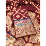 Generic Women's Banarasi Silk Printed Unstitched Salwar Suit Material With Dupatta (Maroon, 3Mtrs)