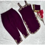 Generic Women's Georgette Embroidery Sleeveless Round Neck Kurti, Palazzo And Dupatta Set (Wine) - Image 3