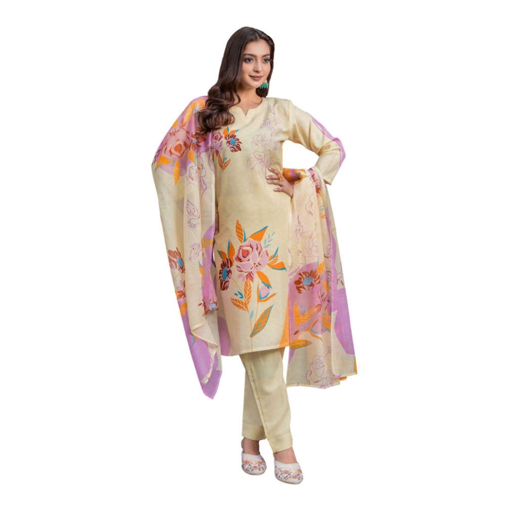 63050-1000x1000-1.webp Generic Women's Cotton Blend Printed Kurti With Pant Dupatta Set (Cream) - Image 1