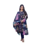 Generic Women's Cotton Blend Printed Kurti With Pant Dupatta Set (NavyBlue)