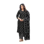 Generic Women's Cotton Blend Printed Kurti With Pant Dupatta Set (Black)