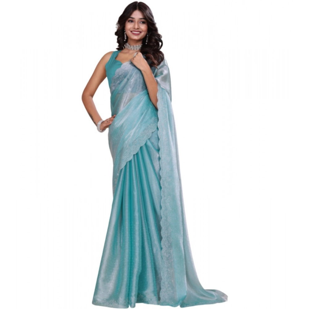 BSB178-SAZYYYmych-1-Lht-Ble-Main-1000x1000-1.webp Generic Women's Jimmy choo Embellished Bollywood Saree With Unstitched Blouse 5.5Mtr (Light Blue) - Image 1