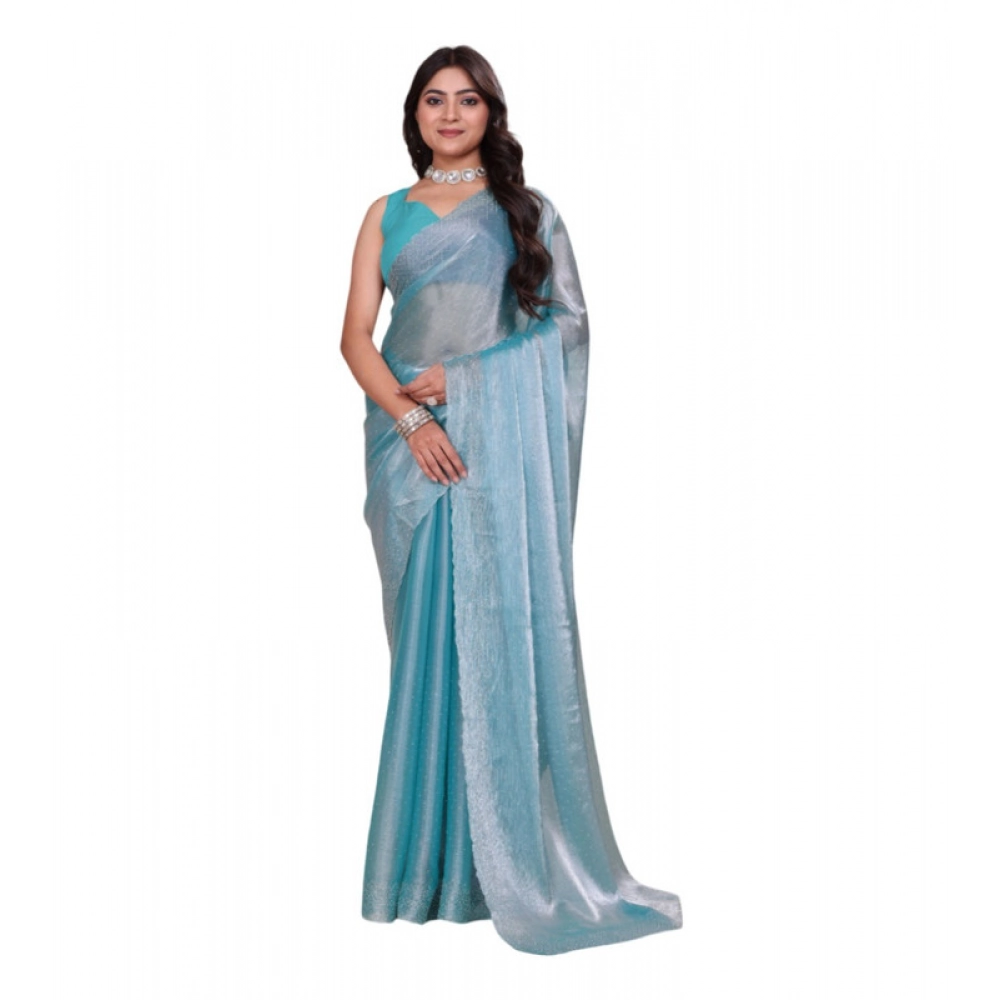 BSB178-SAZYYYmych-2-Lht-Ble-Main-1000x1000-1.webp Generic Women's Jimmy choo Embellished Bollywood Saree With Unstitched Blouse 5.5Mtr (Light Blue) - Image 1