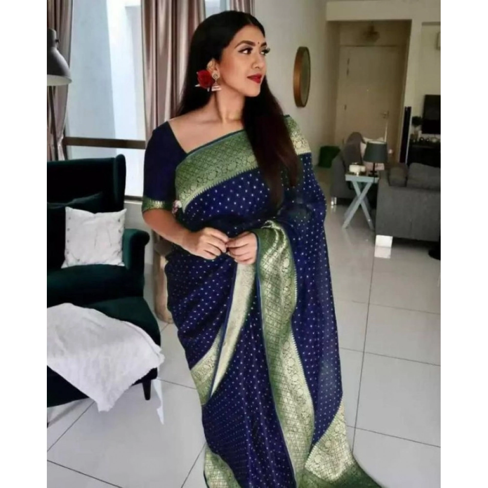 BSB233-SASYYYH-4012-BLUE-Main-1000x1000-1.webp Generic Women's Litchi silk Printed Saree With Unstitched Blouse (Blue) - Image 1