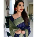 Generic Women's Litchi silk Printed Saree With Unstitched Blouse (Blue) - Image 2