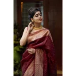Generic Women's Litchi silk Printed Saree With Unstitched Blouse (Maroon) - Image 3