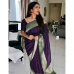 Generic Women's Litchi silk Printed Saree With Unstitched Blouse (Purple)