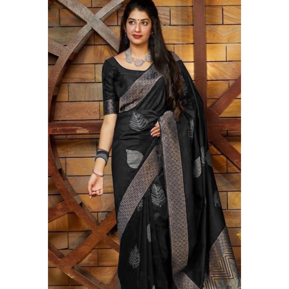 BSB233-SASYYYH-4027-BLACK-Main-1000x1000-1.webp Generic Women's Litchi silk Printed Saree With Unstitched Blouse (Black) - Image 1