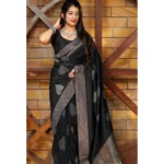 Generic Women's Litchi silk Printed Saree With Unstitched Blouse (Black) - Image 2