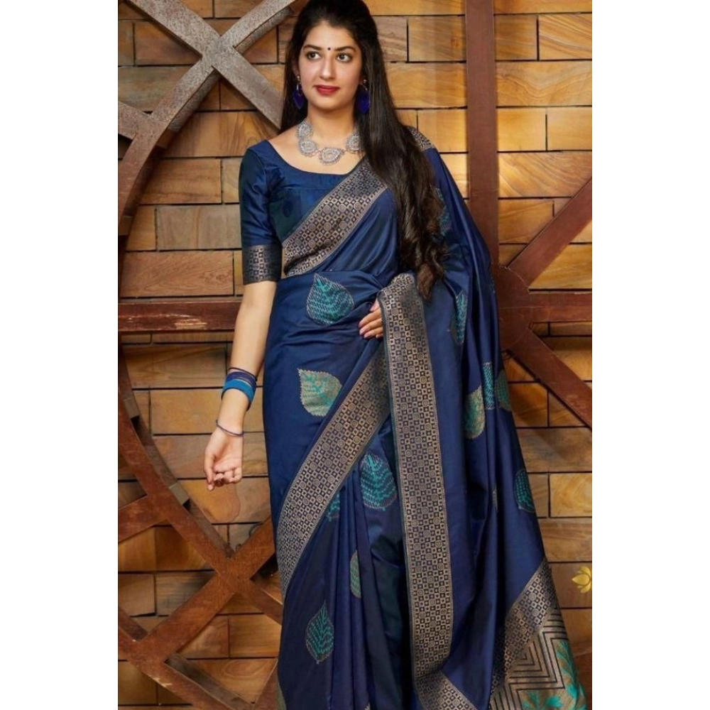 BSB233-SASYYYH-4027-BLUE-Main-1000x1000-1.webp Generic Women's Litchi silk Printed Saree With Unstitched Blouse (Blue) - Image 1