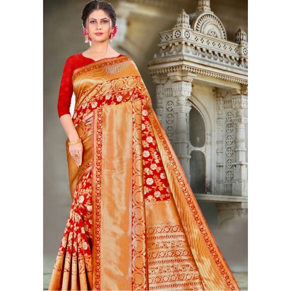 BSB233-SASYYYH-4034-RED-Main-1000x1000-1.webp Generic Women's Litchi silk Printed Saree With Unstitched Blouse (Red) - Image 1