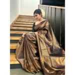 Generic Women's Litchi silk Printed Saree With Unstitched Blouse (Gold) - Image 3