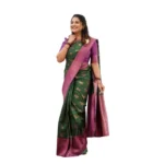 Generic Women's Litchi silk Printed Saree With Unstitched Blouse (Green)