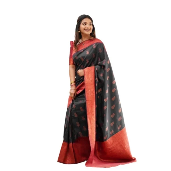 Generic Women's Litchi silk Printed Saree With Unstitched Blouse (Grey)