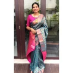 Generic Women's Litchi silk Printed Saree With Unstitched Blouse (Blue)