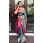 Generic Women's Litchi silk Printed Saree With Unstitched Blouse (Blue) - Image 3