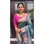 Generic Women's Litchi silk Printed Saree With Unstitched Blouse (Blue) - Image 2
