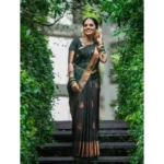 Generic Women's Litchi silk Printed Saree With Unstitched Blouse (Green) - Image 2