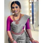 Generic Women's Litchi silk Printed Saree With Unstitched Blouse (Grey)