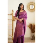 Generic Women's Litchi silk Printed Saree With Unstitched Blouse (Purple) - Image 4