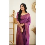 Generic Women's Litchi silk Printed Saree With Unstitched Blouse (Purple) - Image 3