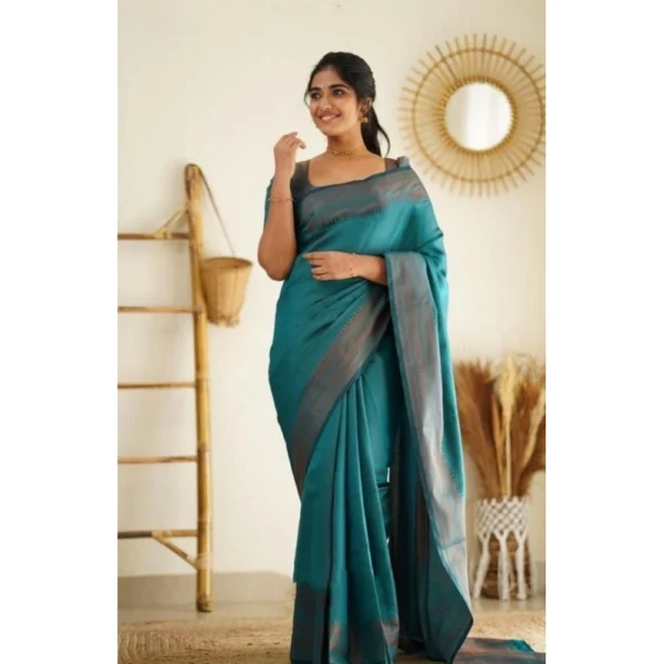 Generic Women's Litchi silk Printed Saree With Unstitched Blouse (Rama Blue)