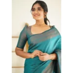 Generic Women's Litchi silk Printed Saree With Unstitched Blouse (Rama Blue) - Image 2