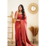 Generic Women's Litchi silk Printed Saree With Unstitched Blouse (Red) - Image 4