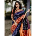Generic Women's Litchi silk Printed Saree With Unstitched Blouse (Blue) - Image 3