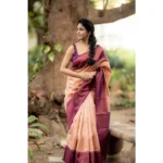 Generic Women's Litchi silk Printed Saree With Unstitched Blouse (Beige) - Image 2
