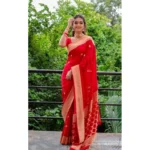 Generic Women's Litchi silk Printed Saree With Unstitched Blouse (Red) - Image 3
