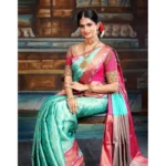 Generic Women's Litchi silk Printed Saree With Unstitched Blouse (Turquise Blue) - Image 3