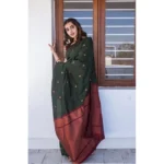 Generic Women's Litchi silk Printed Saree With Unstitched Blouse (Dark Green) - Image 2