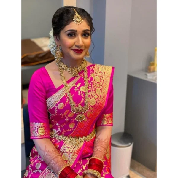 Generic Women's Litchi silk Printed Saree With Unstitched Blouse (Pink)