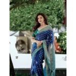Generic Women's Litchi silk Printed Saree With Unstitched Blouse (Navy Blue)
