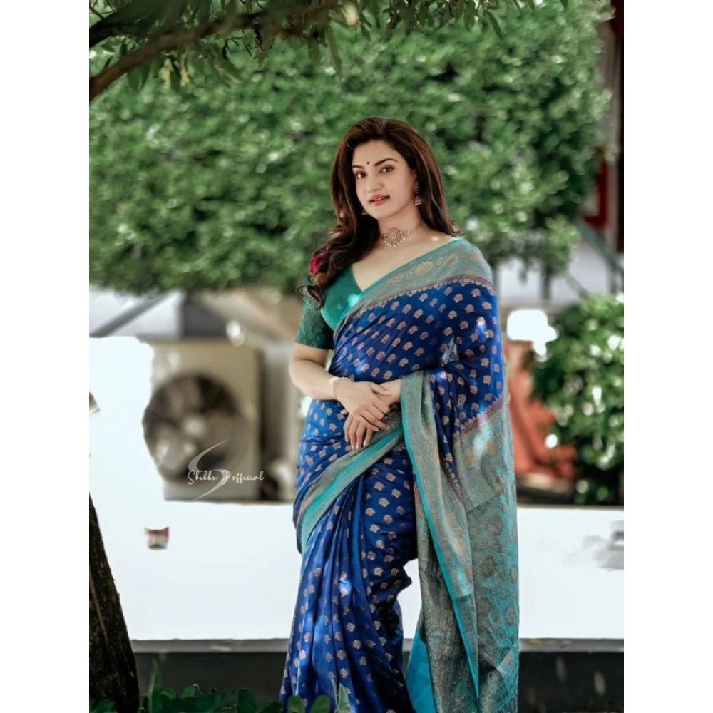BSB233-SASYYYH-5012-nvyblu-Main-1000x1000-1.webp Generic Women's Litchi silk Printed Saree With Unstitched Blouse (Navy Blue) - Image 1