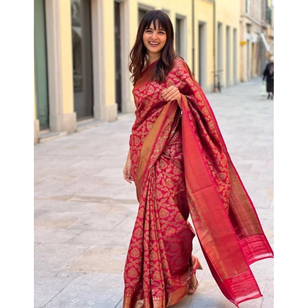 BSB233-SAs-YYYh-4093-red-Main-1000x1000-1.webp Generic Women's Litchi silk Printed Saree With Unstitched Blouse (Red) - Image 1