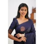 Generic Women's Litchi silk Printed Saree With Unstitched Blouse (Dark Blue) - Image 2