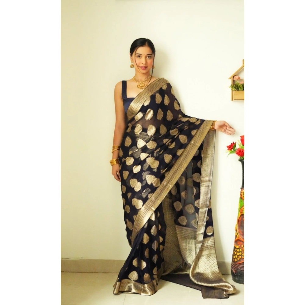 BSB233-SAs-YYYh-5015-black-Main-1000x1000-1.webp Generic Women's Litchi silk Printed Saree With Unstitched Blouse (Black) - Image 1