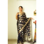 Generic Women's Litchi silk Printed Saree With Unstitched Blouse (Black) - Image 4