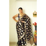 Generic Women's Litchi silk Printed Saree With Unstitched Blouse (Black) - Image 2