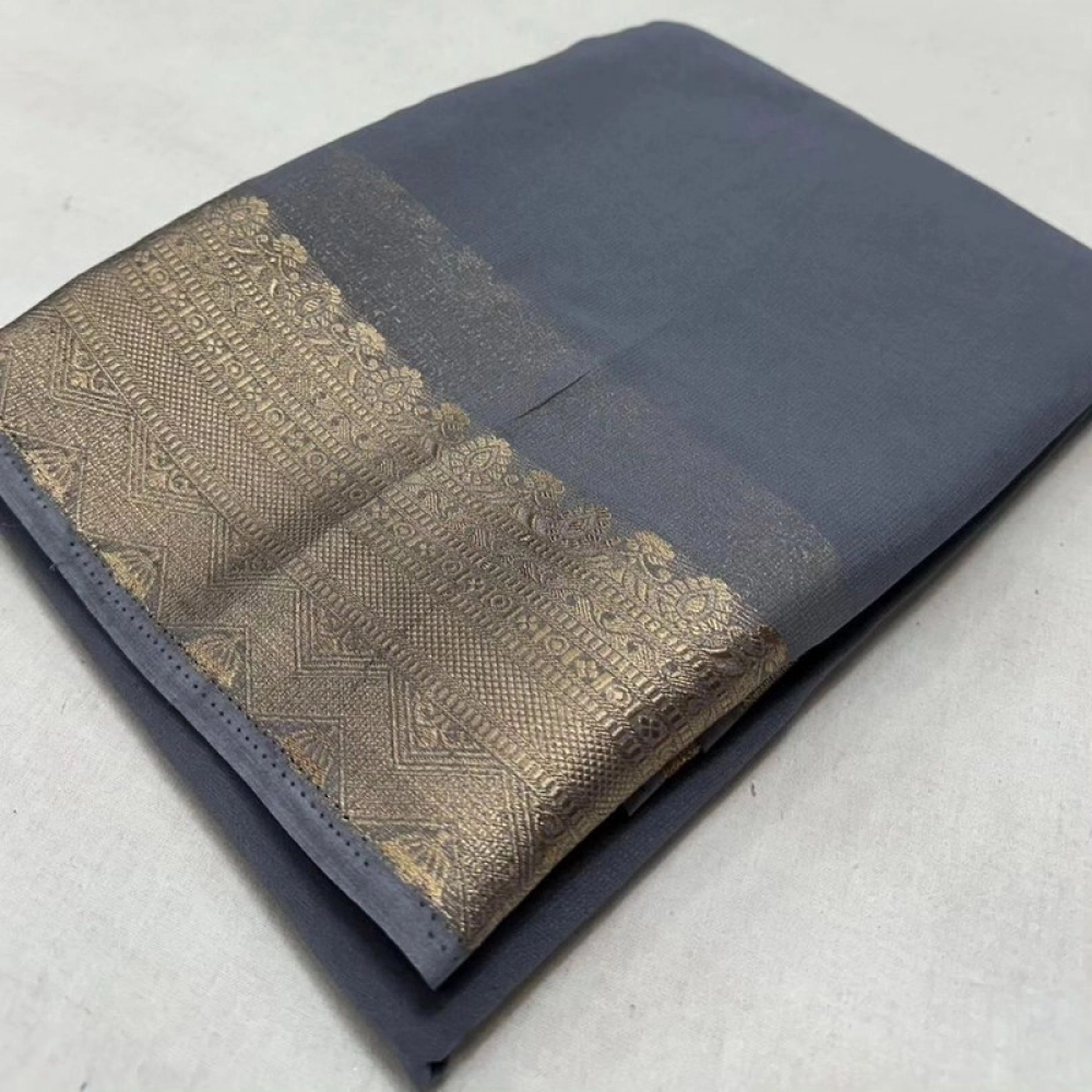 BSB98-SANW1001-Main-1000x1000-1.webp Generic Women's Crepe Chit Pallu Solid Saree With Unstitched Blouse 5.5Mtr (Grey) - Image 1