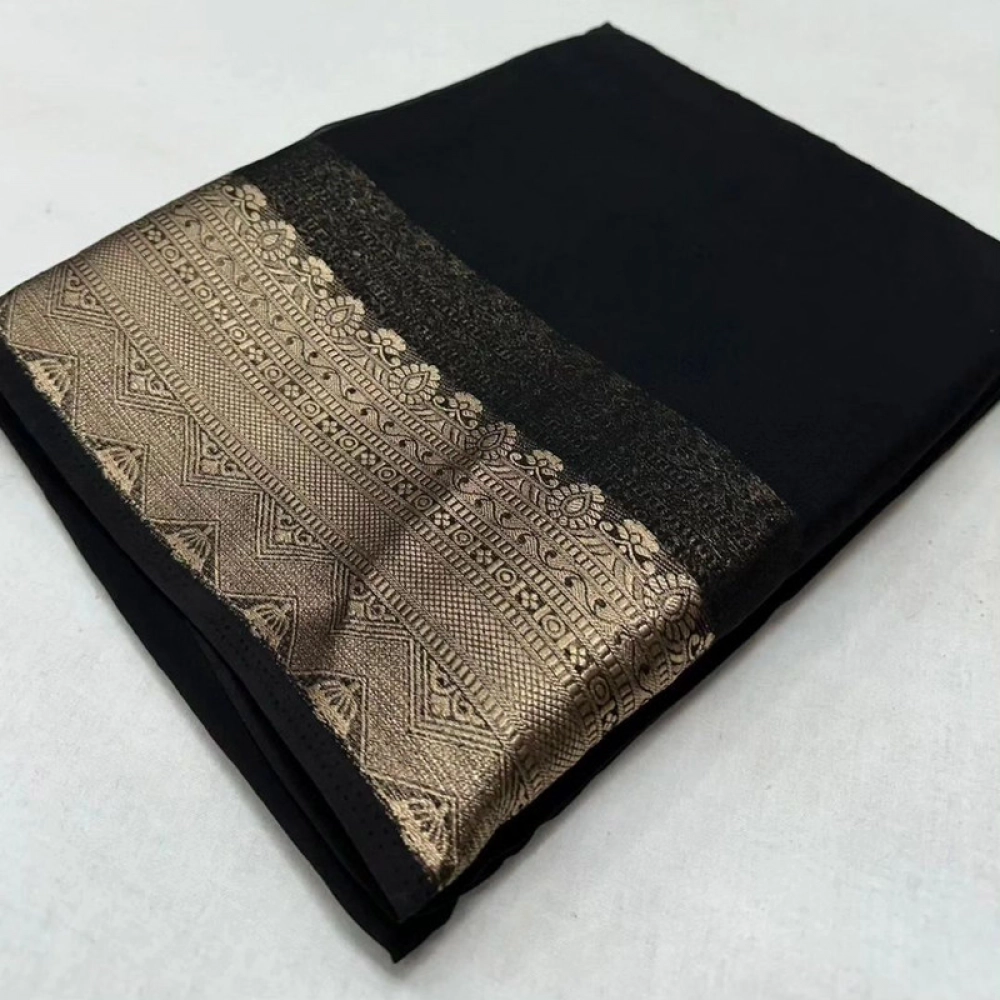 BSB98-SANW1008-Main-1000x1000-1.webp Generic Women's Crepe Chit Pallu Solid Saree With Unstitched Blouse 5.5Mtr (Black) - Image 1